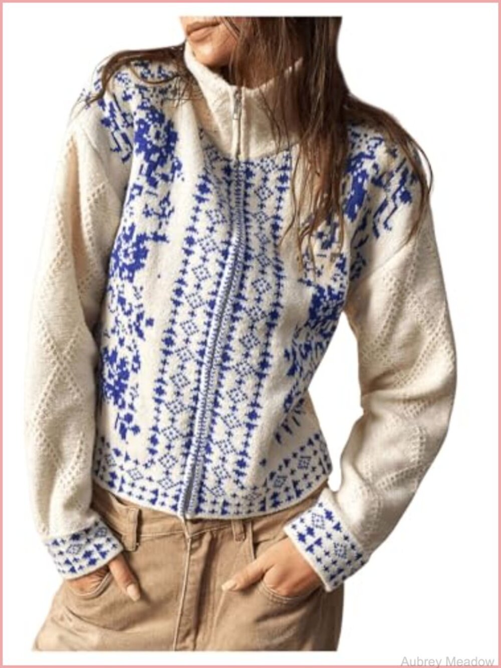 Floral Embroidered Boho Zip Up Cardigan Sweater